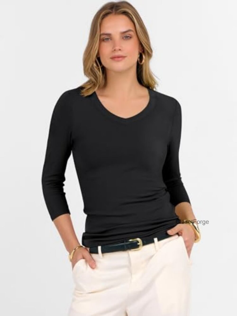 3/4 Length Sleeve Ribbed Knit V Neck Slim Fit T-Shirt - Picture 3 of 7